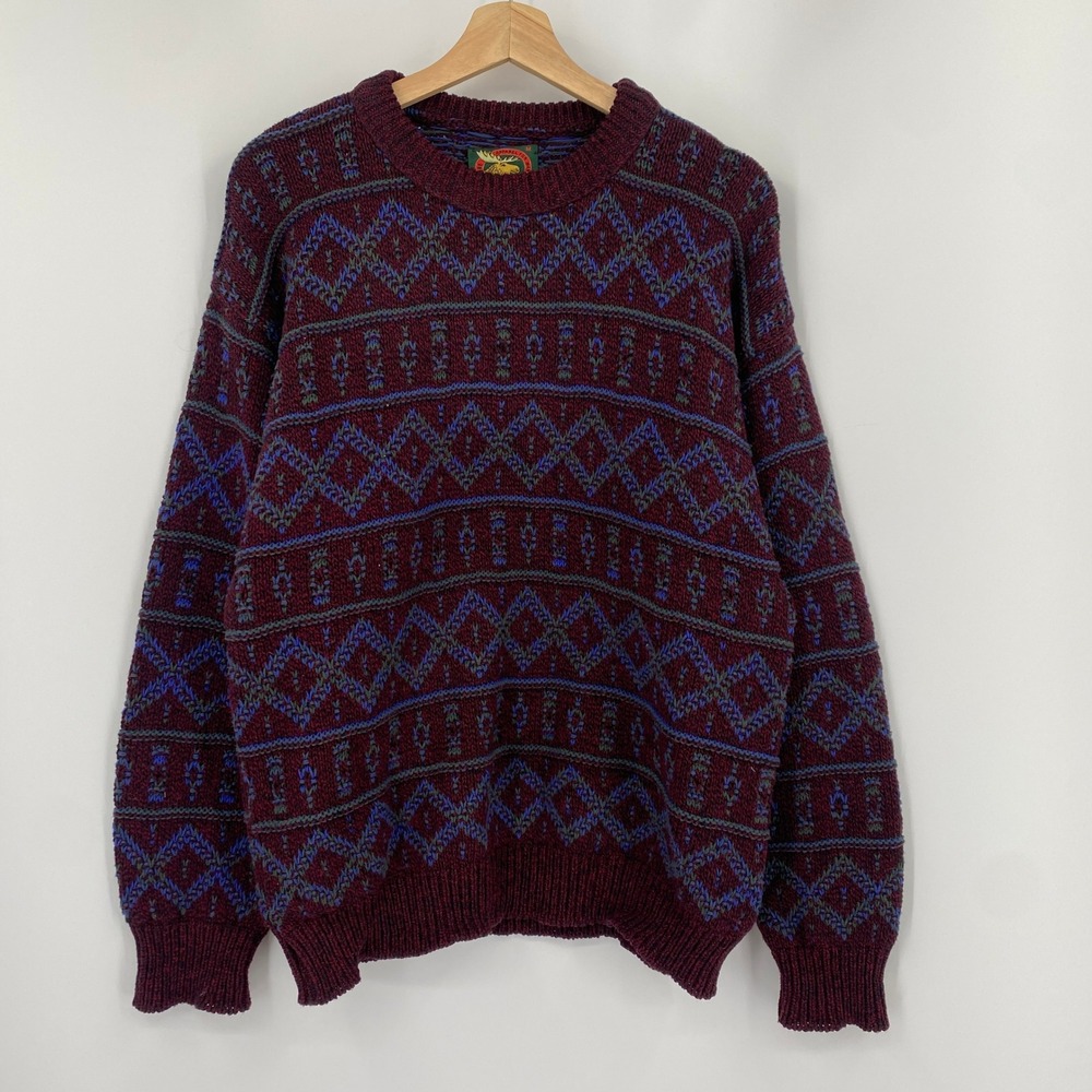 Vintage ALPS Sweater Mens Burgundy Fair Isle Geometric Knit Crewneck USA Made - Picture 2 of 5